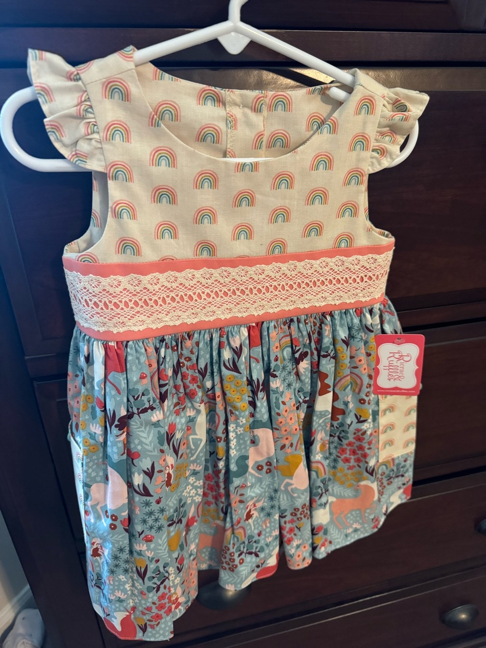 Ricrac & Ruffles - Girls' Rainbow & Floral Cotton Dress with Lace Waistband